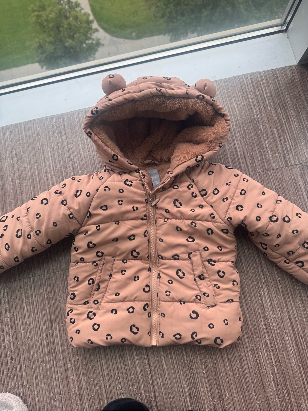 Tahari Pink Leopard-Print Hooded Puffer Jacket with Bear Ears